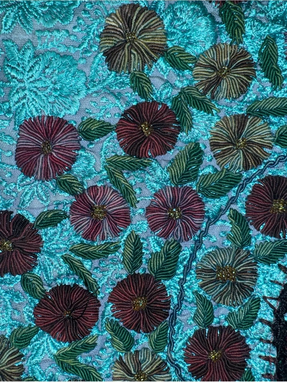 Turquoise Embroidered Floral Tote Bag - Unbranded